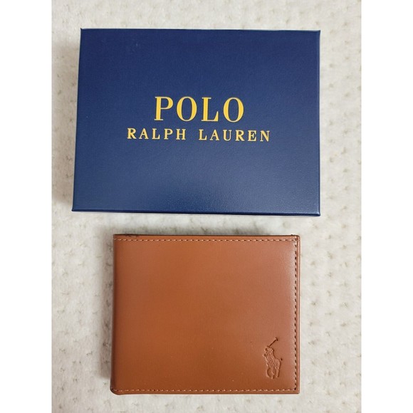 NWT POLO RALPH LAUREN BURNISHED LEATHER BIFOLD WALLET BROWN, GIFT BOX - Picture 1 of 4
